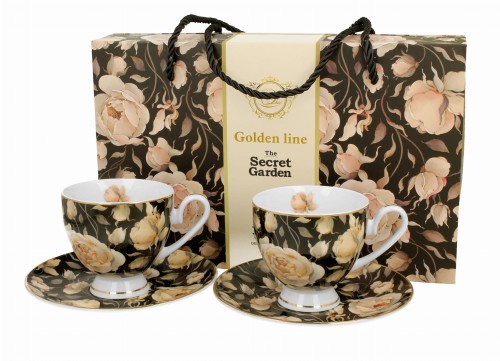 2 Filiżanki ze spodkami ENGLISH ROSES BLACK - Golden Line 5902693947967