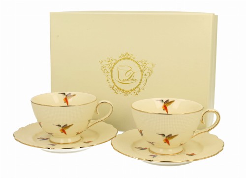 2 Filiżanki do herbaty kawy ze spodkami Ecru KOLIBRY 5902693953364