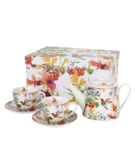 Zestaw dzbanek z zaparzaczem ze stali nierdzewnej i 2 filiżanki ze spodkami LINNEA