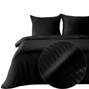 KOMPLET POŚCIELI HOTELOWEJ Z SATYNY BAWEŁNIANEJ PRĄŻKI 220X200 cm CZARNY