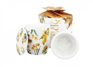 Kubek z zaparzaczem New Bone China Żółte Kwiaty 400 ml, pudełko
