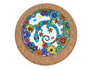 Podstawka ceramiczno-korkowa z motywem kolorowej jaszczurki