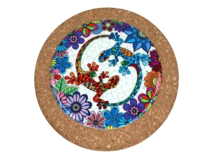 Podstawka pod garnek ceramiczno-korkowa z motywem dwóch kolorowych jaszczurek