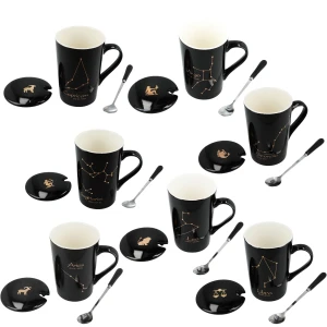 Porcelanowy kubek 450 ml z pokrywką i łyżeczką – Zodiak