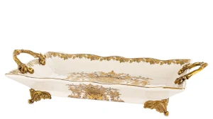 Taca ceramiczna dekoracyjna biała ze złotymi zdobieniami 39 cm