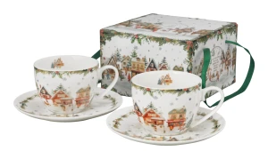 Zestaw 2 filiżanek ze spodkami Christmas Village, New Bone China, 270 ml