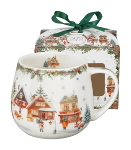 Kubek baryłka New Bone China 430 ml CHRISTMAS VILLAGE, pudełko z kokardą