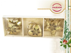 Złote ozdoby choinkowe w drewnianym pudełeczku - metaloplastyka