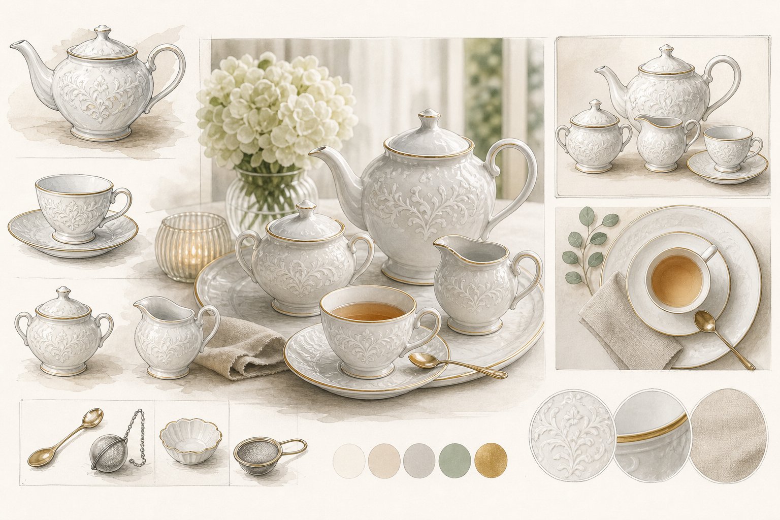 Porcelanowy zestaw do herbaty Villa Italia – filiżanki, dzbanki i dodatki